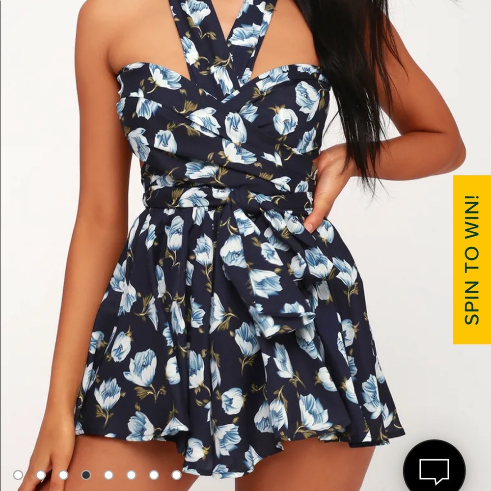 Lulus - Elated Energy Navy Blue Floral Print Convertible Romper